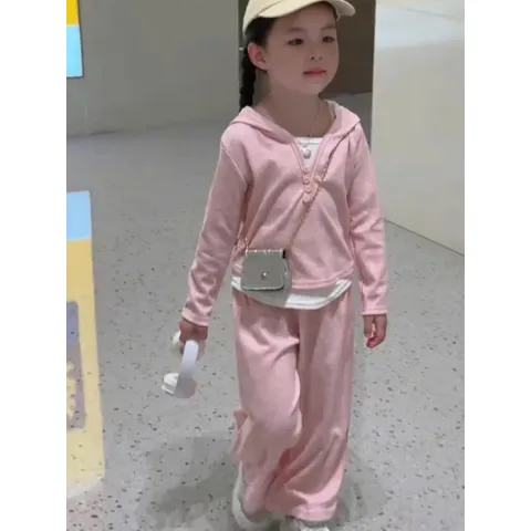 Quần áo thu đông bé gái, Set bộ hoodie vạt trắng kèm quần suông chất len thỏ mềm mịn cho bé size 10–30kg