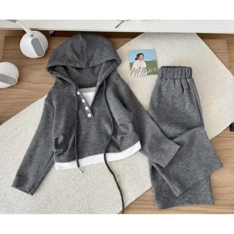 Quần áo thu đông bé gái, Set bộ hoodie vạt trắng kèm quần suông chất len thỏ mềm mịn cho bé size 10–30kg
