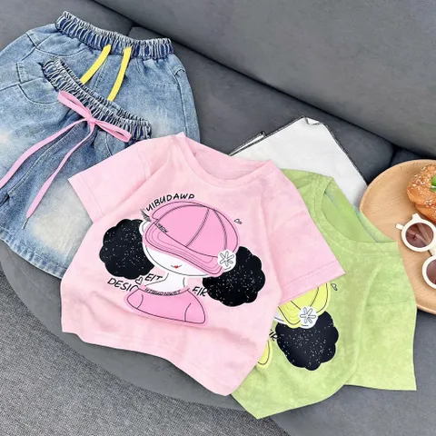 Quần áo bé gái, set bộ áo cotton họa tiết cô gái cột tóc 2 bên kèm quần lửng jean cho bé 18-42kg