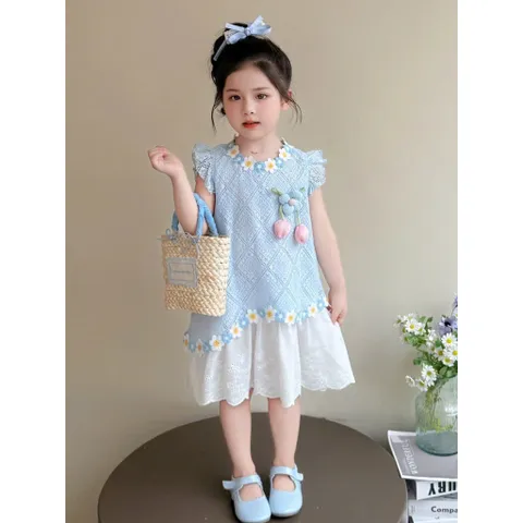 Váy bé gái, váy suông ren hình thoi gắn hoa cho bé 10-30kg
