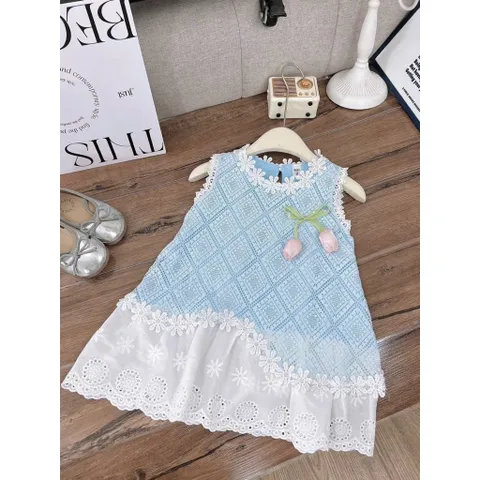 Váy bé gái, váy suông ren hình thoi gắn hoa cho bé 10-30kg