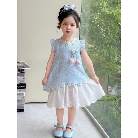 Váy bé gái, váy suông ren hình thoi gắn hoa cho bé 10-30kg
