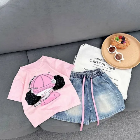 Quần áo bé gái, set bộ áo cotton họa tiết cô gái cột tóc 2 bên kèm quần lửng jean cho bé 18-42kg