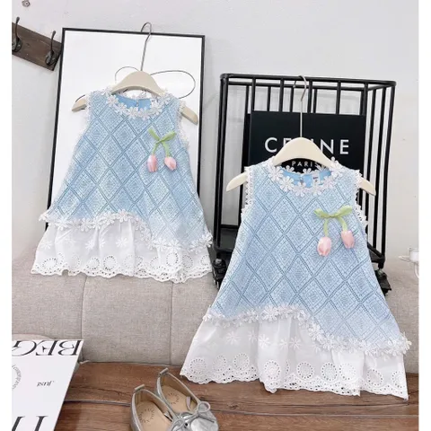Váy bé gái, váy suông ren hình thoi gắn hoa cho bé 10-30kg