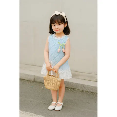 Váy bé gái, váy suông ren hình thoi gắn hoa cho bé 10-30kg