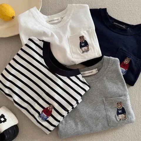 Áo cộc tay bé trai, áo cotton thêu gấu Polo 4 màu cho bé 9-26kg