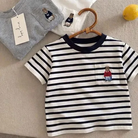 Áo cộc tay bé trai, áo cotton thêu gấu Polo 4 màu cho bé 9-26kg