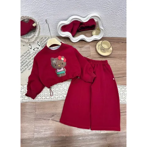 Quần áo thu đông bé gái, set bộ nỉ ấm áp hoạ tiết mèo đeo nơ đỏ cho bé 10-40kg