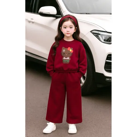 Quần áo thu đông bé gái, set bộ nỉ ấm áp hoạ tiết mèo đeo nơ đỏ cho bé 10-40kg