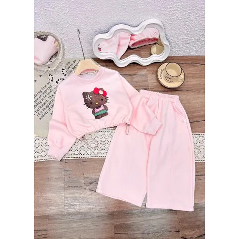 Quần áo thu đông bé gái, set bộ nỉ ấm áp hoạ tiết mèo đeo nơ đỏ cho bé 10-40kg