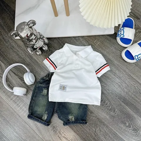 Quần áo bé trai, set bộ áo polo cộc tay thêu tem kèm quần Short Jean lịch lãm cho bé 10-30kg
