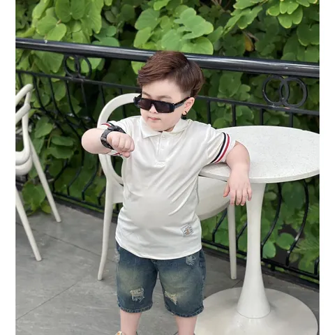 Quần áo bé trai, set bộ áo polo cộc tay thêu tem kèm quần Short Jean lịch lãm cho bé 10-30kg