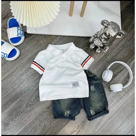 Quần áo bé trai, set bộ áo polo cộc tay thêu tem kèm quần Short Jean lịch lãm cho bé 10-30kg