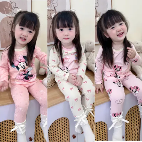 Quần áo thu đông bé gái, set bộ cotton dài tay hoạ tiết Mickey cho bé 8-26kg