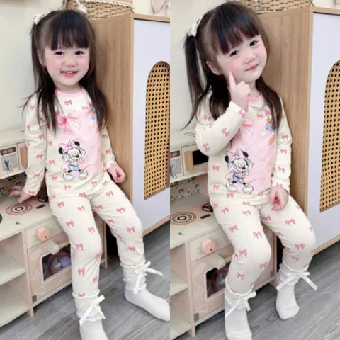 Quần áo thu đông bé gái, set bộ cotton dài tay hoạ tiết Mickey cho bé 8-26kg