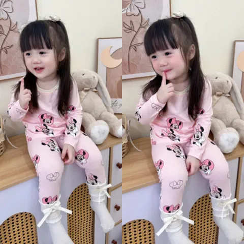 Quần áo thu đông bé gái, set bộ cotton dài tay hoạ tiết Mickey cho bé 8-26kg