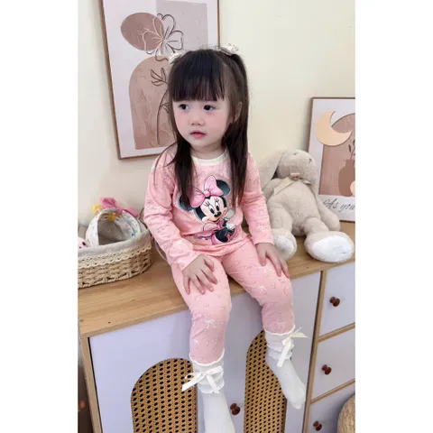 Quần áo thu đông bé gái, set bộ cotton dài tay hoạ tiết Mickey cho bé 8-26kg