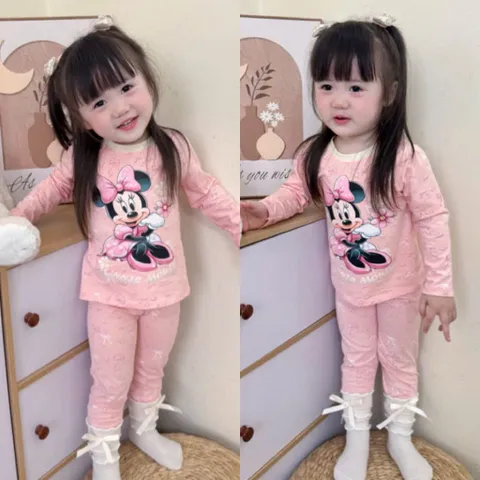 Quần áo thu đông bé gái, set bộ cotton dài tay hoạ tiết Mickey cho bé 8-26kg