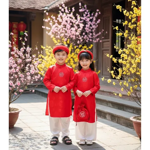 Áo dài cách tân cho bé, áo dài cặp anh em, set bé trai 3ct và bé gái 4ct size 10-30kg