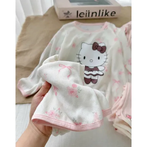 Quần áo thu đông bé gái, set bộ dài tay thông hơi Hello cho bé 8-22kg