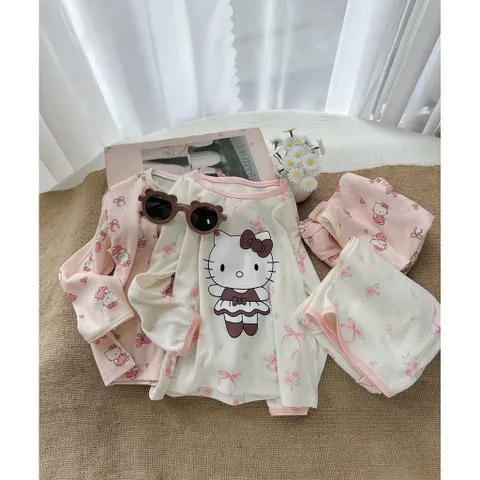 Quần áo thu đông bé gái, set bộ dài tay thông hơi Hello cho bé 8-22kg