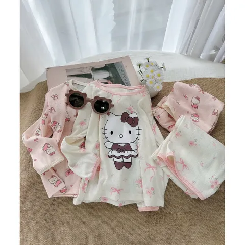 Quần áo thu đông bé gái, set bộ dài tay thông hơi Hello cho bé 8-22kg