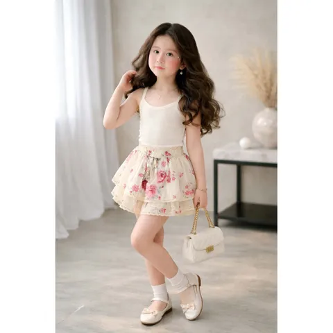 Váy bé gái, set áo 2 dây phối chân váy thô hoa 2 lớp siêu xinh cho bé 10-22kg