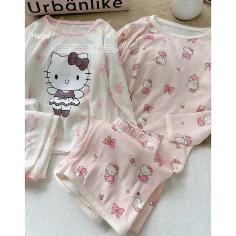 Quần áo thu đông bé gái, set bộ dài tay thông hơi Hello cho bé 8-22kg