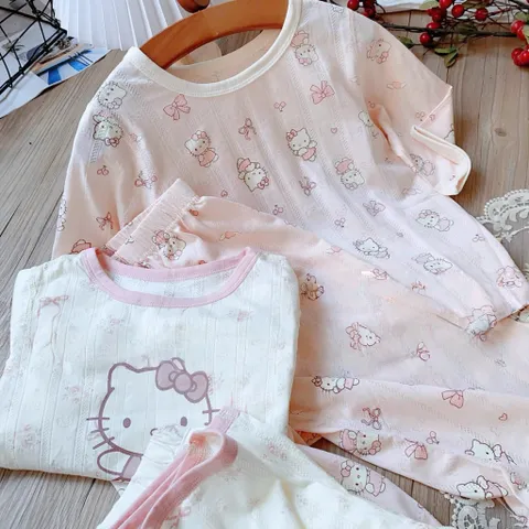 Quần áo thu đông bé gái, set bộ dài tay thông hơi Hello cho bé 8-22kg