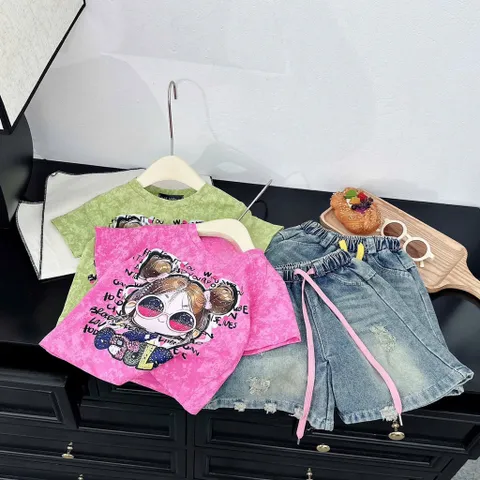 Quần áo bé gái, set áo cotton loang cô gái búi tóc đeo kính kèm quần jean lửng cho bé 18-42kg