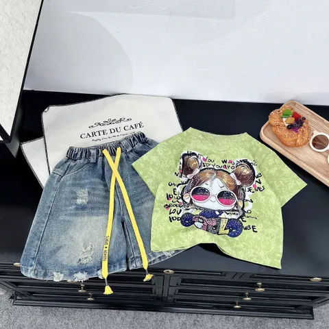 Quần áo bé gái, set áo cotton loang cô gái búi tóc đeo kính kèm quần jean lửng cho bé 18-42kg