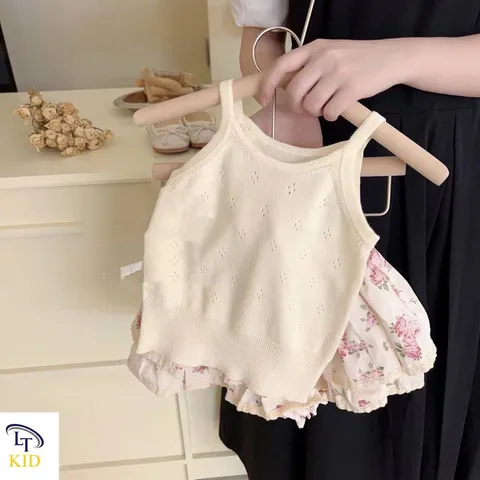 Váy bé gái, set áo 2 dây phối chân váy thô hoa 2 lớp siêu xinh cho bé 10-22kg