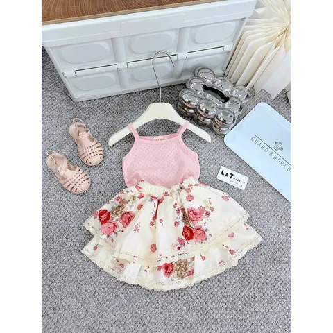 Váy bé gái, set áo 2 dây phối chân váy thô hoa 2 lớp siêu xinh cho bé 10-22kg