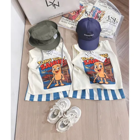 Quần áo bé trai, set bộ ba lỗ cotton Tung Tung Sahur cho bé 9-27kg