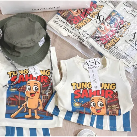 Quần áo bé trai, set bộ ba lỗ cotton Tung Tung Sahur cho bé 9-27kg