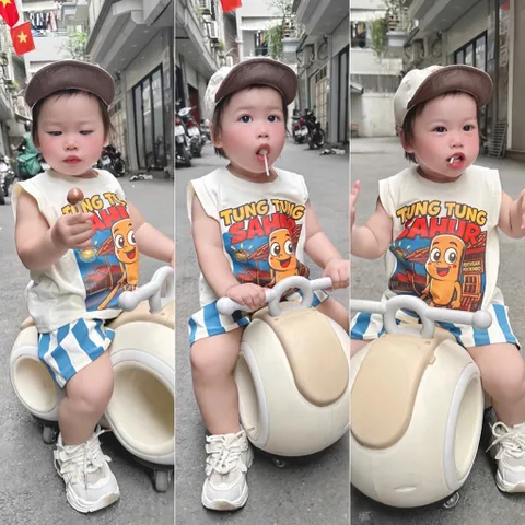 Quần áo bé trai, set bộ ba lỗ cotton Tung Tung Sahur cho bé 9-27kg