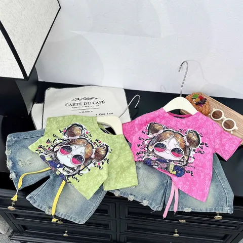Quần áo bé gái, set áo cotton loang cô gái búi tóc đeo kính kèm quần jean lửng cho bé 18-42kg