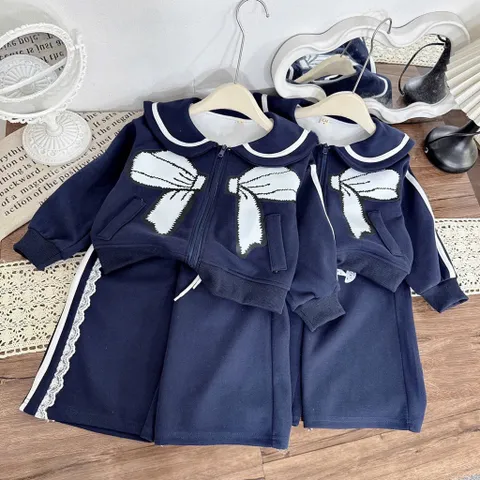 Quần áo thu đông bé gái, set bộ áo kéo khoá cổ sen kèm quần suông ống rộng cho bé 12-40kg