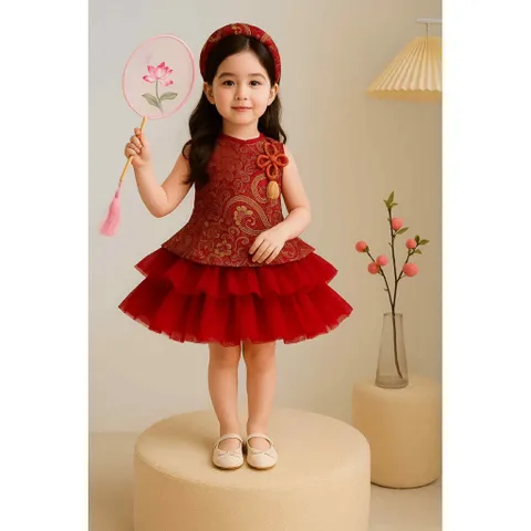 Váy bé gái, set váy trung thu kèm mấn cho bé 10-30kg