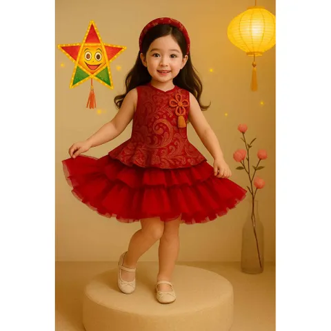 Váy bé gái, set váy trung thu kèm mấn cho bé 10-30kg