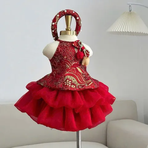 Váy bé gái, set váy trung thu kèm mấn cho bé 10-30kg