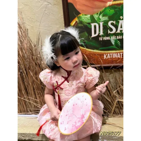 Váy bé gái, váy gấm cổ sườn xám tùng bồng bềnh cho bé diện Tết, trung thu size 10-30kg