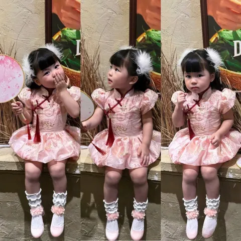Váy bé gái, váy gấm cổ sườn xám tùng bồng bềnh cho bé diện Tết, trung thu size 10-30kg