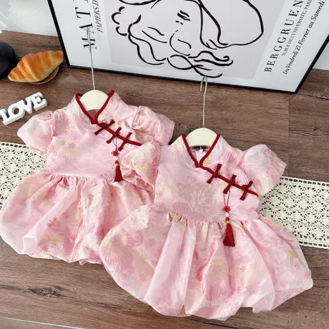 Váy bé gái, váy gấm cổ sườn xám tùng bồng bềnh cho bé diện Tết, trung thu size 10-30kg