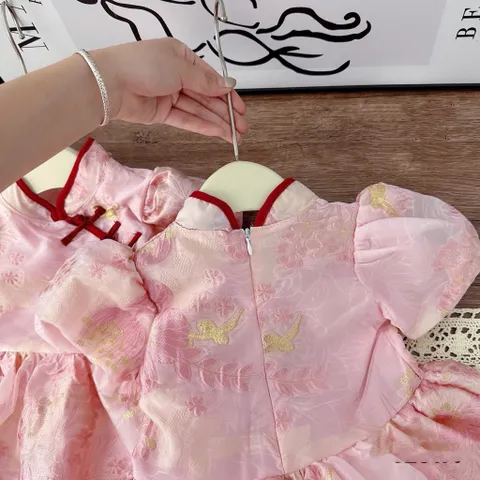 Váy bé gái, váy gấm cổ sườn xám tùng bồng bềnh cho bé diện Tết, trung thu size 10-30kg