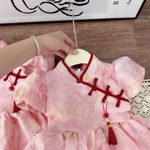 Váy bé gái, váy gấm cổ sườn xám tùng bồng bềnh cho bé diện Tết, trung thu size 10-30kg