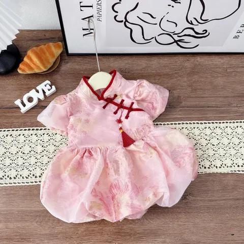 Váy bé gái, váy gấm cổ sườn xám tùng bồng bềnh cho bé diện Tết, trung thu size 10-30kg