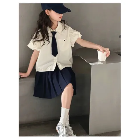 Đồng phục hoc sinh, set váy đồng phục 3ct: áo sơ mi tay bồng, chân váy xếp ly và cà vạt cho bé 15-35kg
