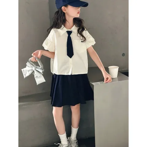 Đồng phục hoc sinh, set váy đồng phục 3ct: áo sơ mi tay bồng, chân váy xếp ly và cà vạt cho bé 15-35kg