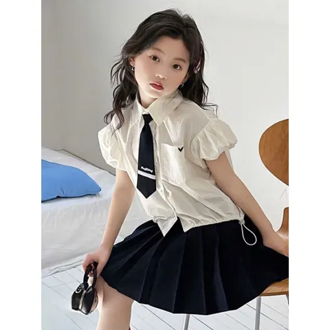 Đồng phục hoc sinh, set váy đồng phục 3ct: áo sơ mi tay bồng, chân váy xếp ly và cà vạt cho bé 15-35kg